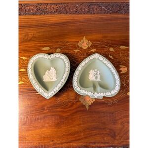 Vintage Wedgwood Jasperware Heart & Spade Trinket Dishes Pair - Sage Green